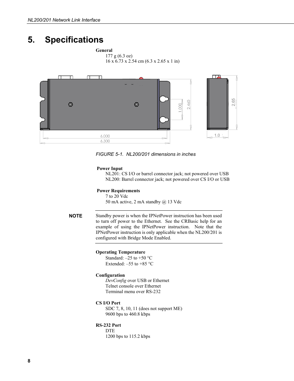 Specifications, 1. nl200/201 dimensions in inches | Campbell Scientific NL200/NL201 Network Link Interface User Manual | Page 18 / 60