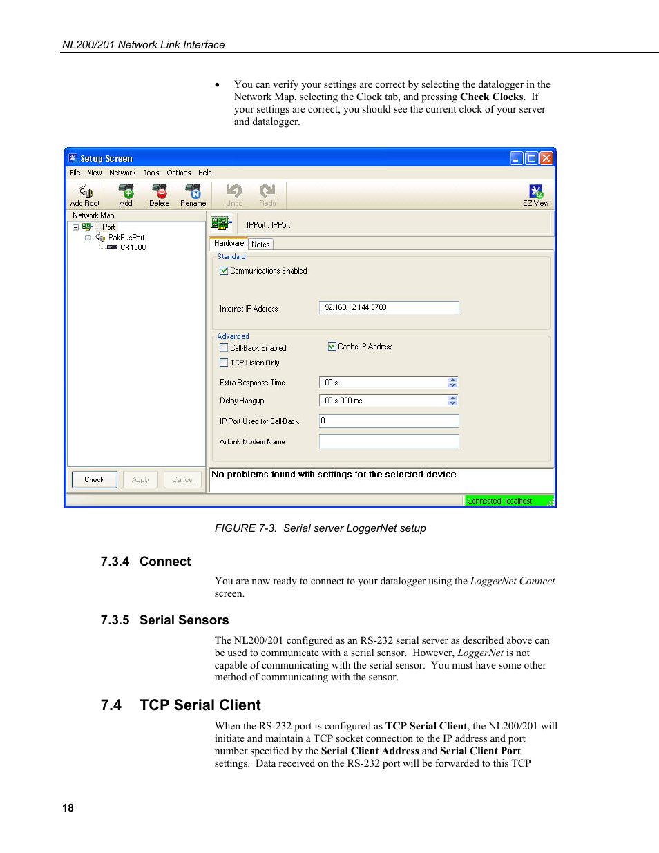 4 connect, 5 serial sensors, 4 tcp serial client | Connect, Serial sensors, Tcp serial client, 3. serial server loggernet setup | Campbell Scientific NL200/NL201 Network Link Interface User Manual | Page 28 / 60