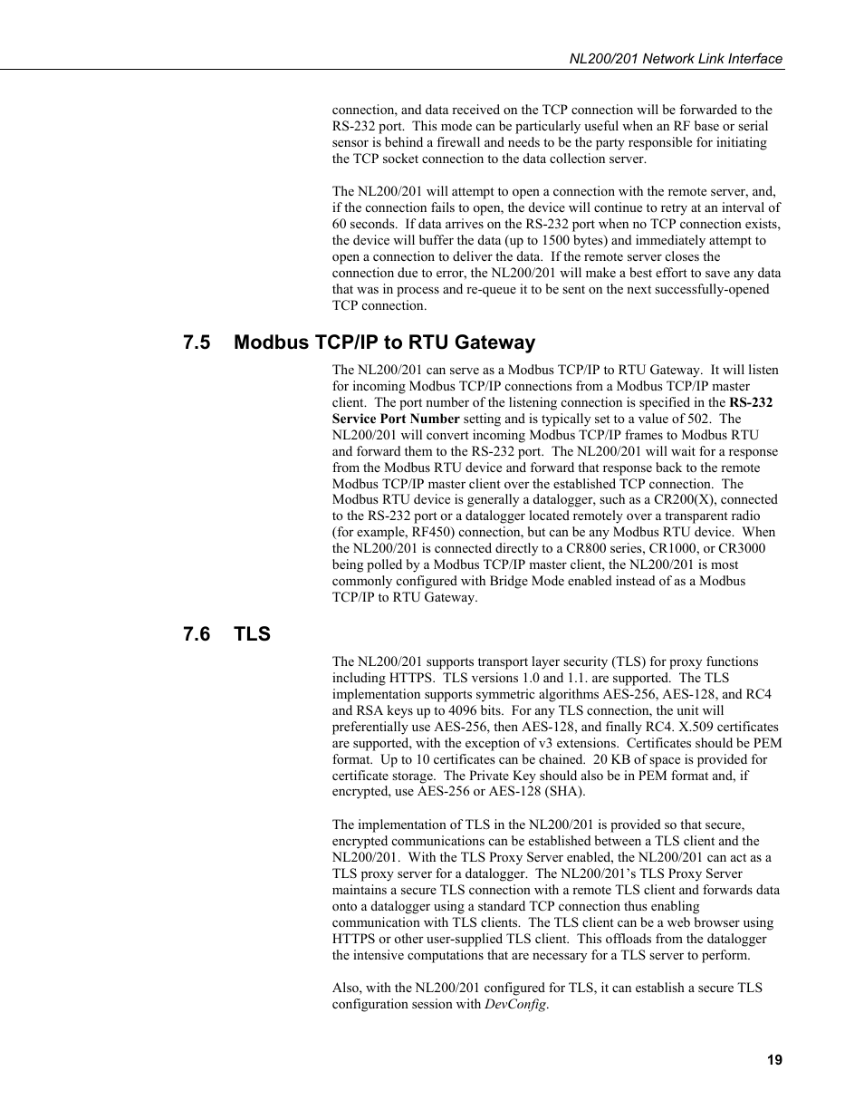 5 modbus tcp/ip to rtu gateway, 6 tls, Modbus tcp/ip to rtu gateway | Campbell Scientific NL200/NL201 Network Link Interface User Manual | Page 29 / 60