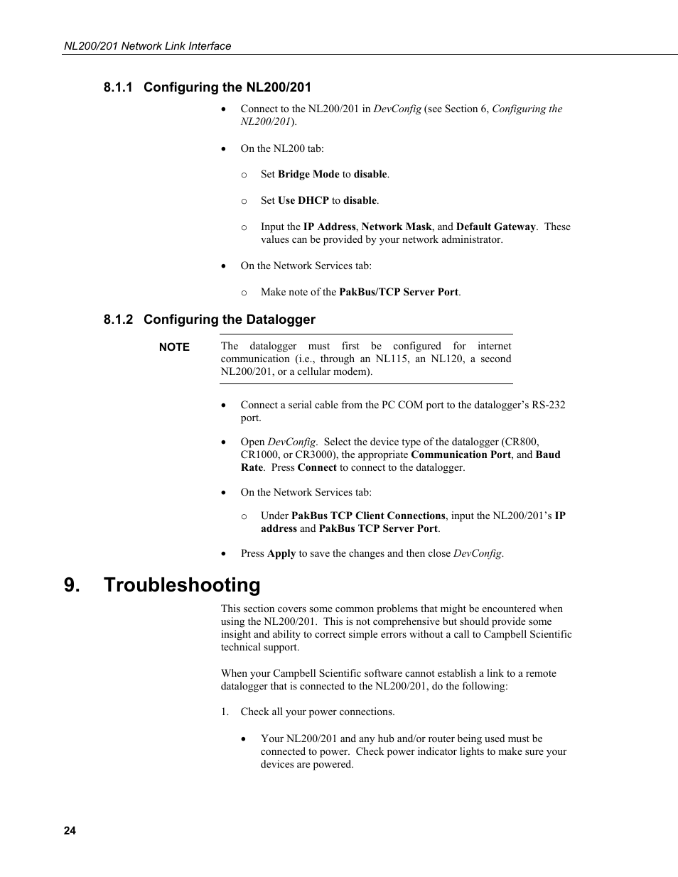 1 configuring the nl200/201, 2 configuring the datalogger, Troubleshooting | Configuring the nl200/201, Configuring the datalogger | Campbell Scientific NL200/NL201 Network Link Interface User Manual | Page 34 / 60