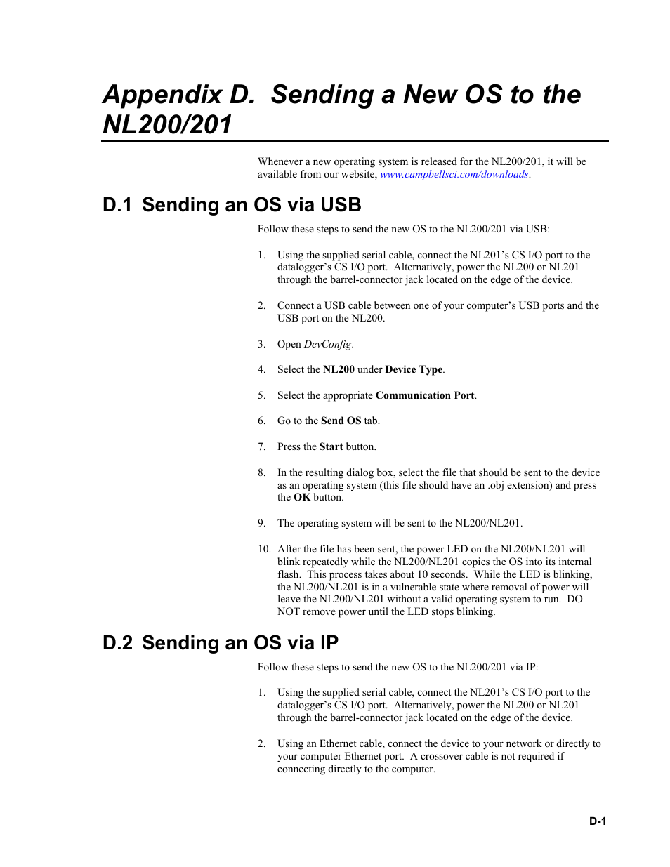 Appendix d. sending a new os to the nl200/201, D.1 sending an os via usb, D.2 sending an os via ip | Campbell Scientific NL200/NL201 Network Link Interface User Manual | Page 57 / 60