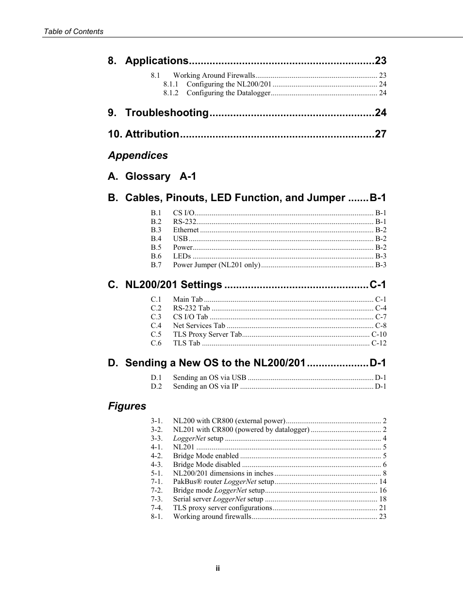 Applications, Troubleshooting, Attribution | Appendices a, Glossary a-1, Figures | Campbell Scientific NL200/NL201 Network Link Interface User Manual | Page 8 / 60