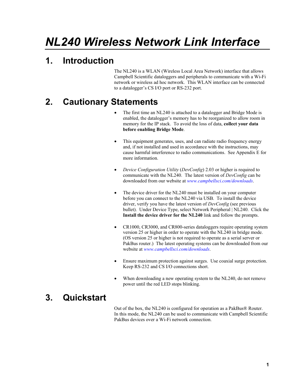 Introduction, Cautionary statements, Quickstart | Nl240 wireless network link interface | Campbell Scientific NL240 Wireless Network Link Interface User Manual | Page 11 / 74