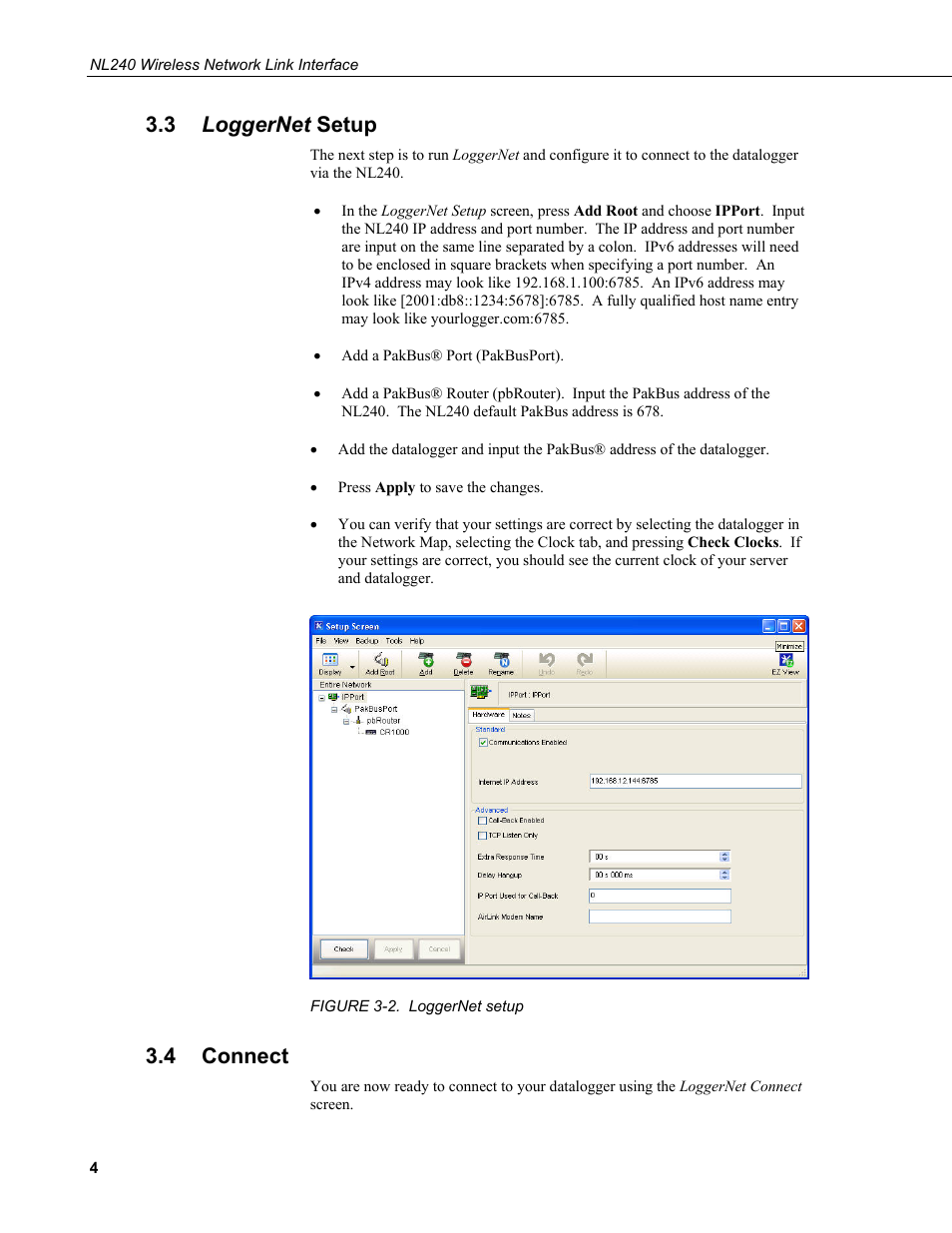 3 loggernet setup, 4 connect, Loggernet setup | Connect, 2. loggernet setup | Campbell Scientific NL240 Wireless Network Link Interface User Manual | Page 14 / 74
