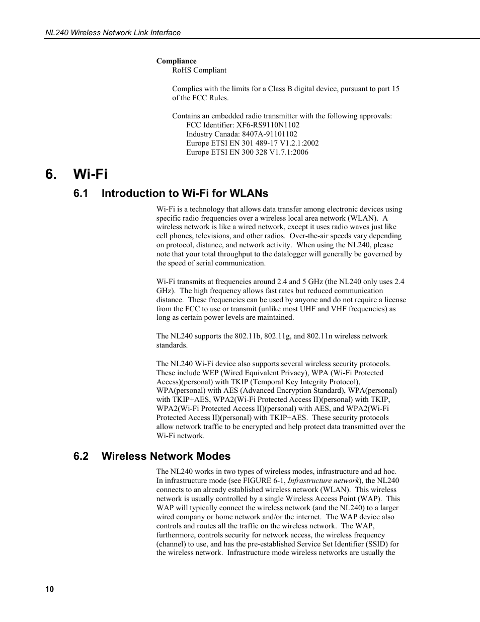 Wi-fi, 1 introduction to wi-fi for wlans, 2 wireless network modes | Introduction to wi-fi for wlans, Wireless network modes | Campbell Scientific NL240 Wireless Network Link Interface User Manual | Page 20 / 74