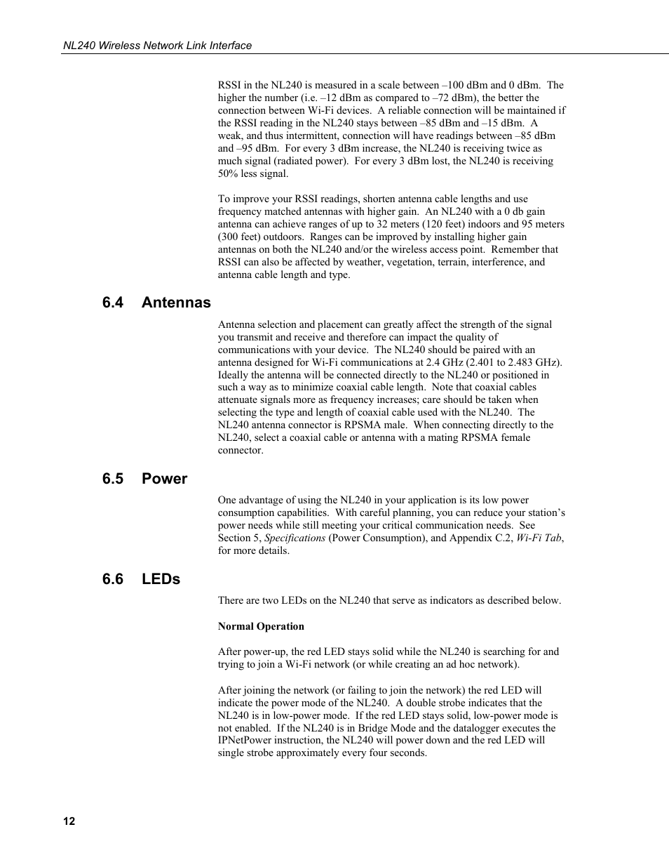 4 antennas, 5 power, 6 leds | Antennas, Power, Leds | Campbell Scientific NL240 Wireless Network Link Interface User Manual | Page 22 / 74