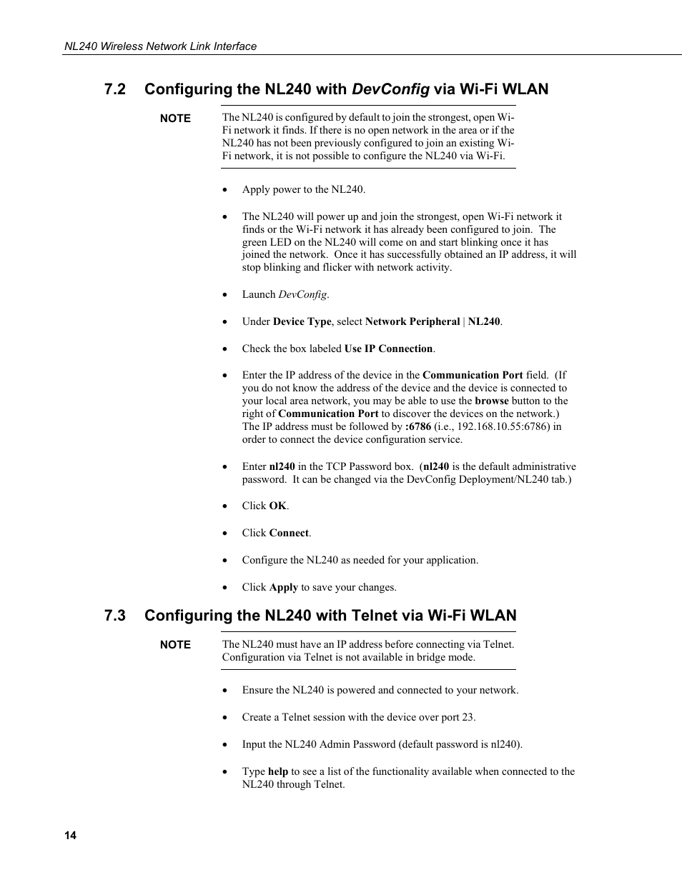 3 configuring the nl240 with telnet via wi-fi wlan, Configuring the nl240 with telnet via wi-fi wlan | Campbell Scientific NL240 Wireless Network Link Interface User Manual | Page 24 / 74