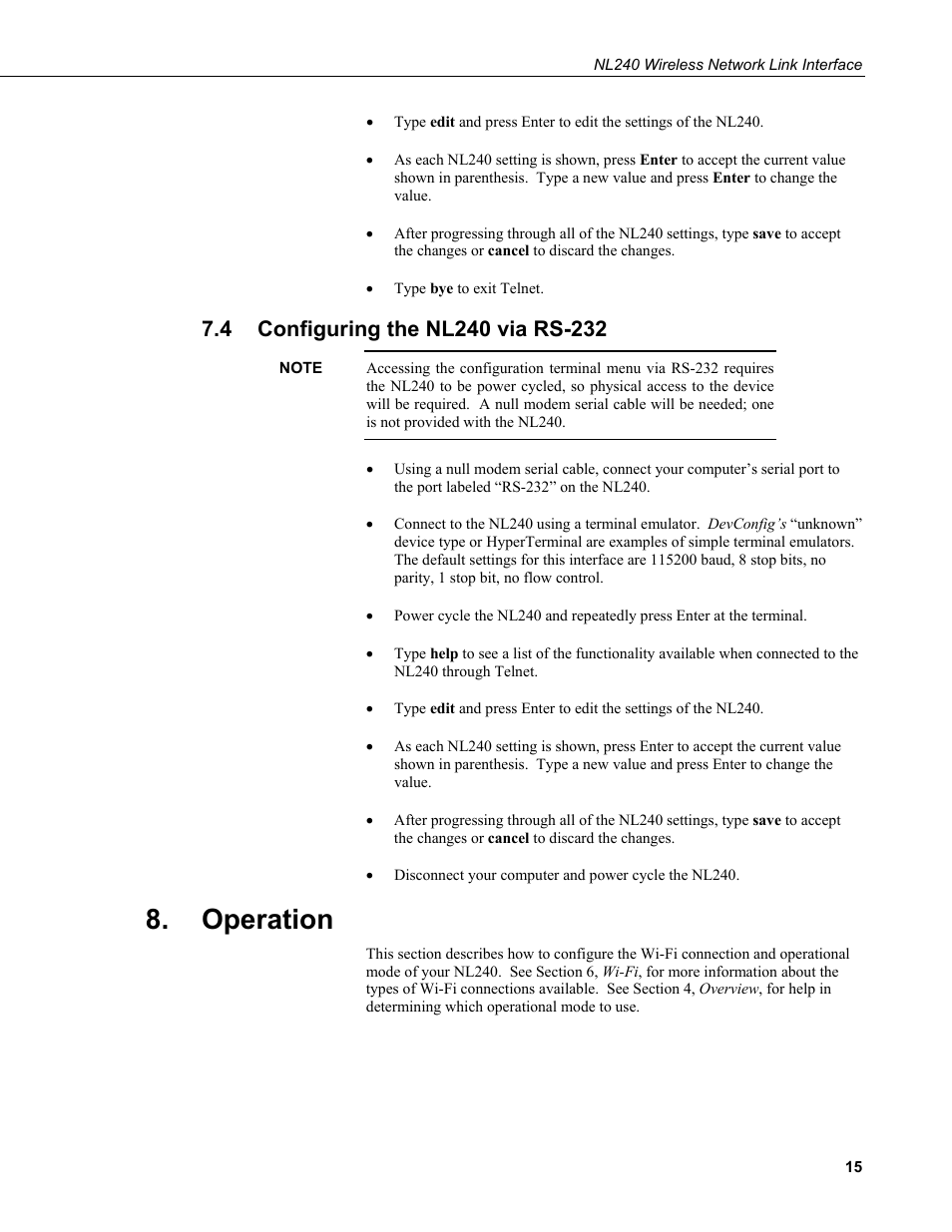 4 configuring the nl240 via rs-232, Operation, Configuring the nl240 via rs-232 | Campbell Scientific NL240 Wireless Network Link Interface User Manual | Page 25 / 74