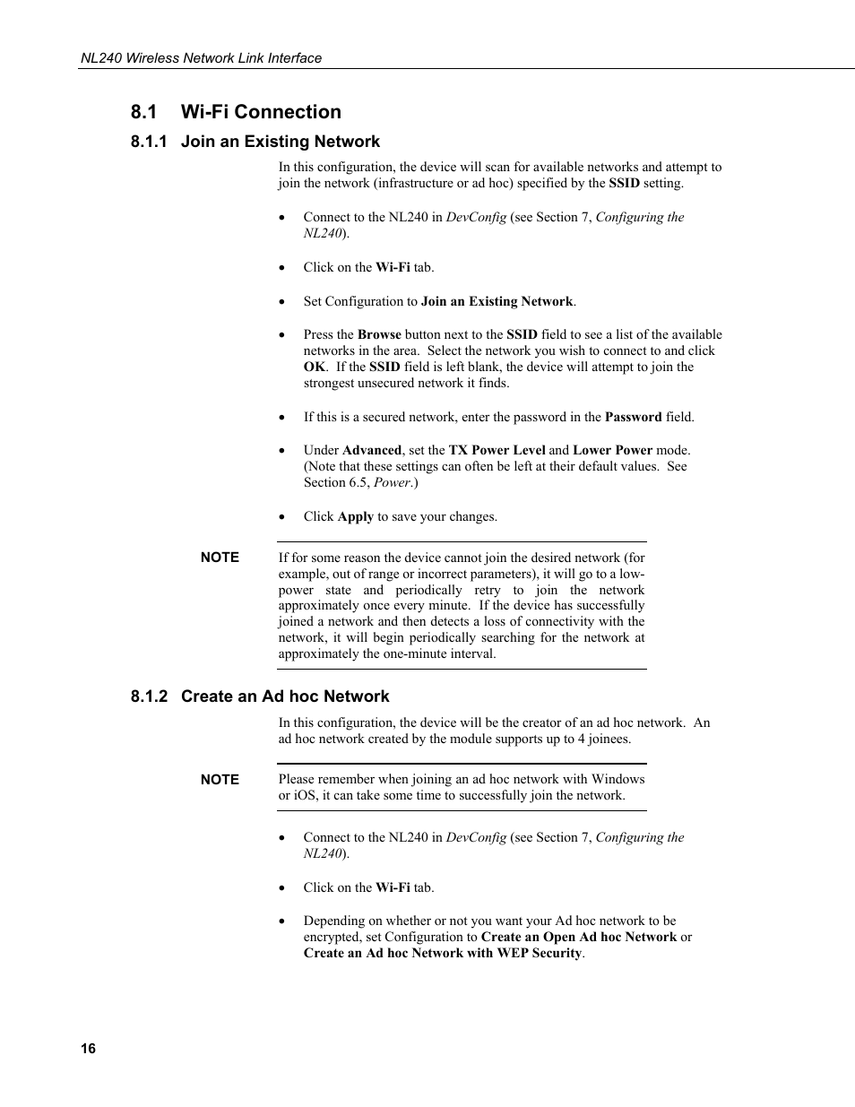 1 wi-fi connection, 1 join an existing network, 2 create an ad hoc network | Wi-fi connection, Join an existing network, Create an ad hoc network | Campbell Scientific NL240 Wireless Network Link Interface User Manual | Page 26 / 74
