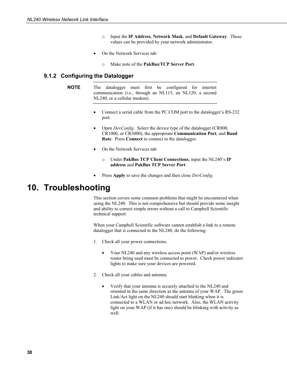 2 configuring the datalogger, Troubleshooting, Configuring the datalogger | Campbell Scientific NL240 Wireless Network Link Interface User Manual | Page 40 / 74