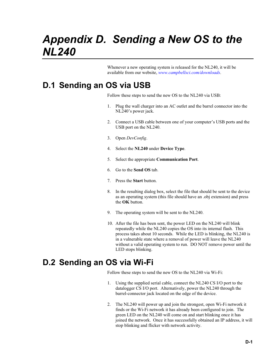 Appendix d. sending a new os to the nl240, D.1 sending an os via usb, D.2 sending an os via wi-fi | Campbell Scientific NL240 Wireless Network Link Interface User Manual | Page 69 / 74