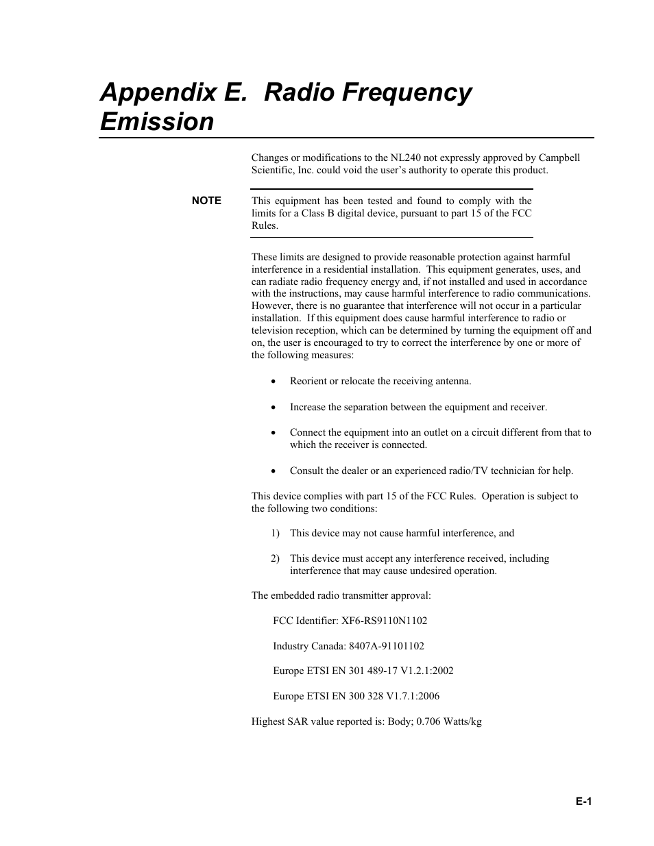 Appendix e. radio frequency emission | Campbell Scientific NL240 Wireless Network Link Interface User Manual | Page 71 / 74