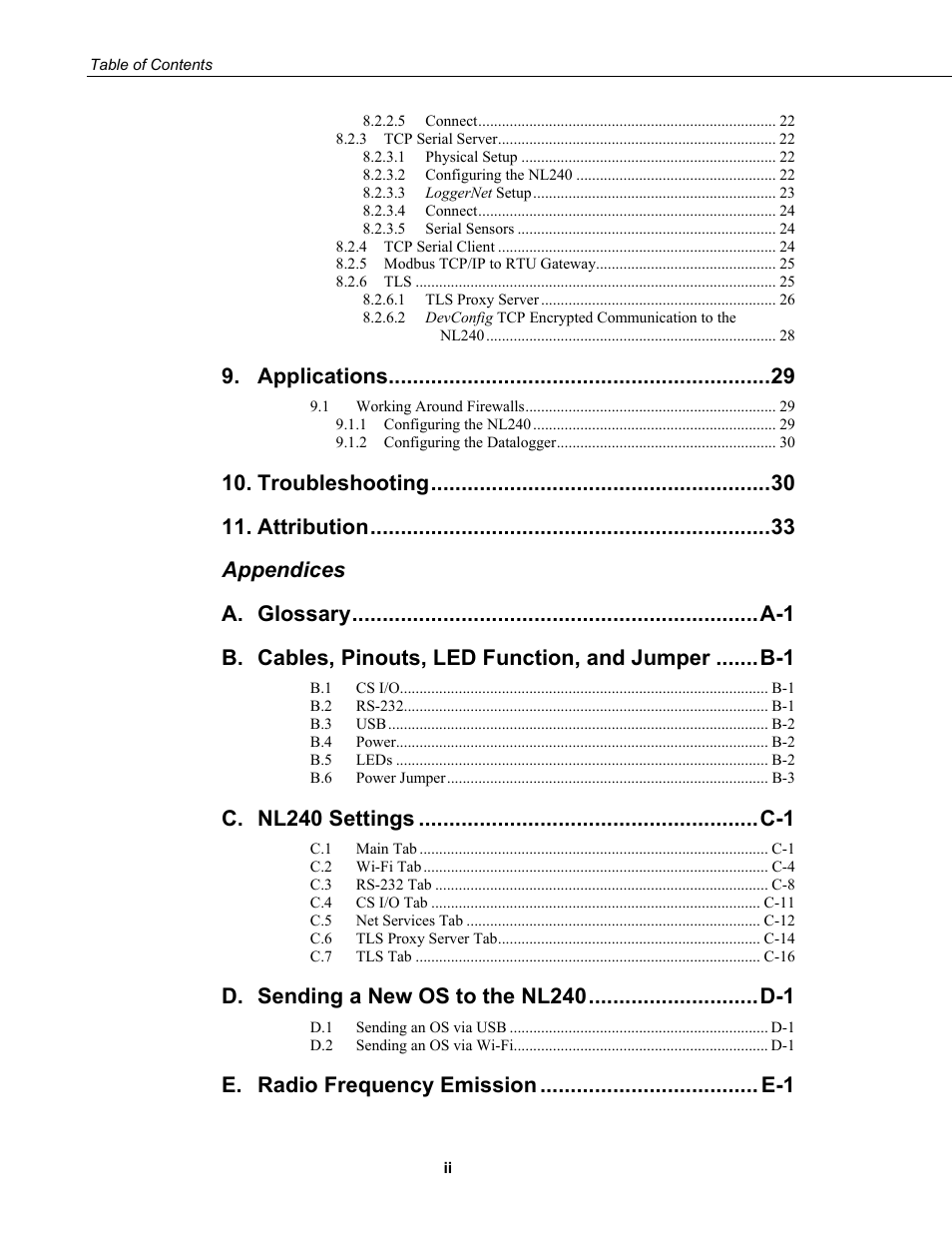 Applications, Troubleshooting, Attribution | Appendices a | Campbell Scientific NL240 Wireless Network Link Interface User Manual | Page 8 / 74