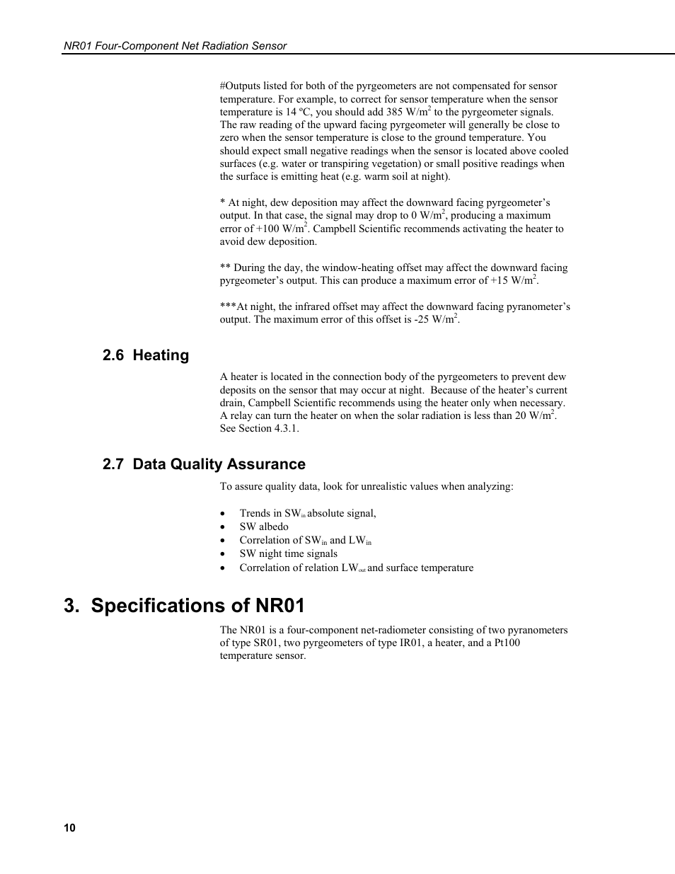 6 heating, 7 data quality assurance, Specifications of nr01 | Campbell Scientific NR01 Net Radiometer User Manual | Page 14 / 46