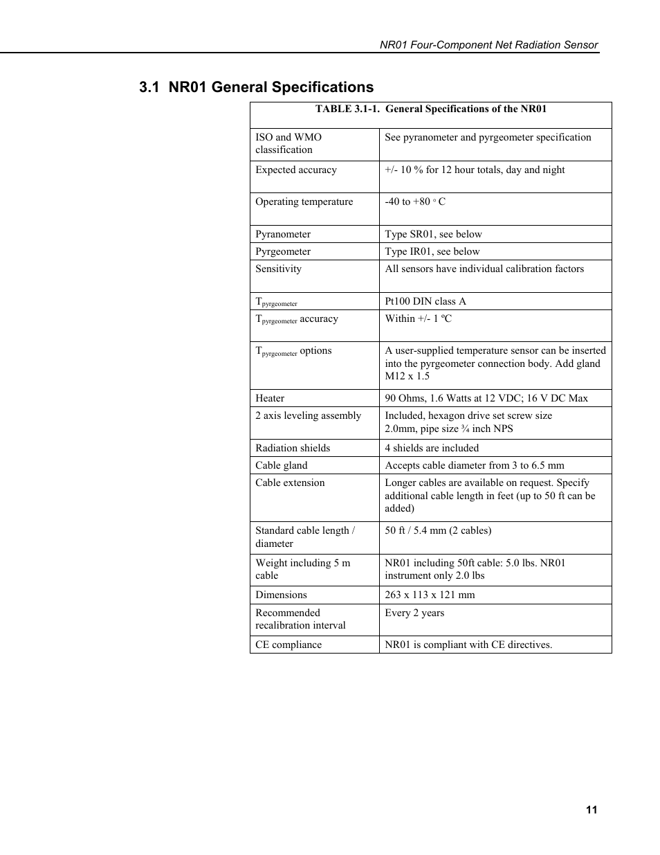 1 nr01 general specifications | Campbell Scientific NR01 Net Radiometer User Manual | Page 15 / 46
