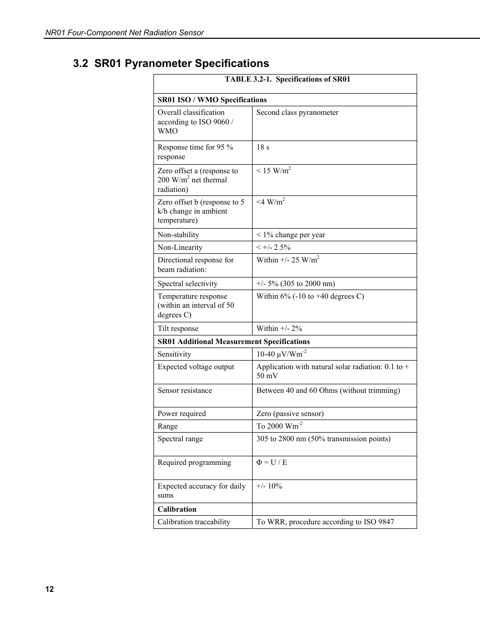 2 sr01 pyranometer specifications | Campbell Scientific NR01 Net Radiometer User Manual | Page 16 / 46