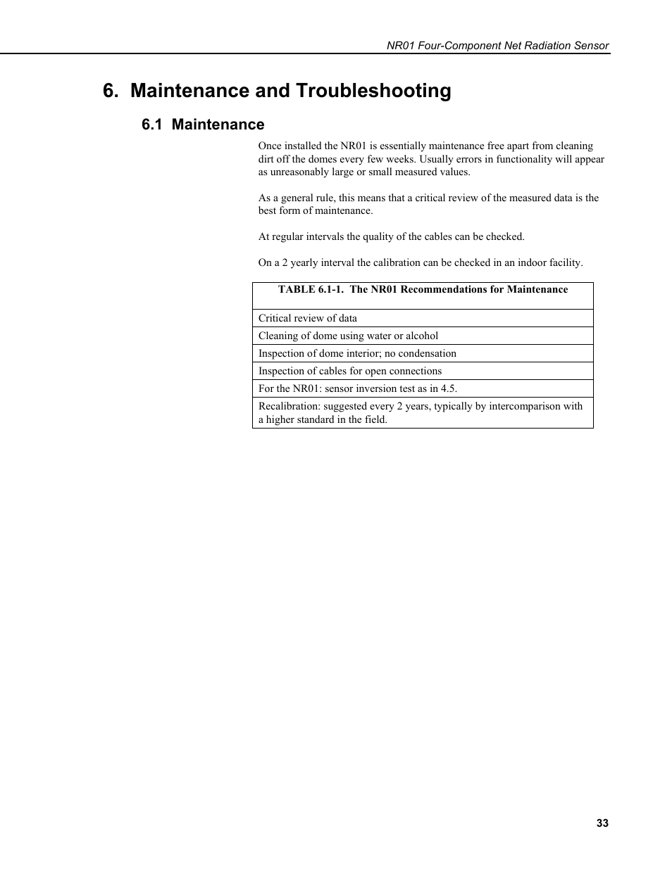 Maintenance and troubleshooting, 1 maintenance | Campbell Scientific NR01 Net Radiometer User Manual | Page 37 / 46