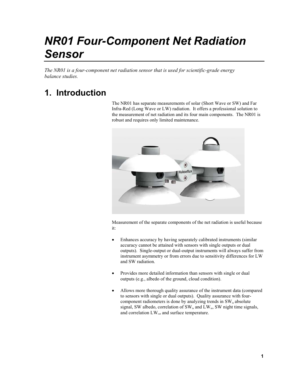 Nr01 four-component net radiation sensor, Introduction | Campbell Scientific NR01 Net Radiometer User Manual | Page 5 / 46