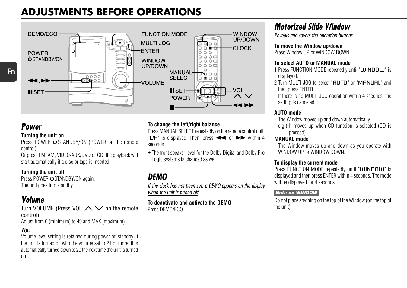 Adjustments before operations, Power, Volume | Demo, Motorized slide window, 10 en | Aiwa XS-DS70 User Manual | Page 10 / 25