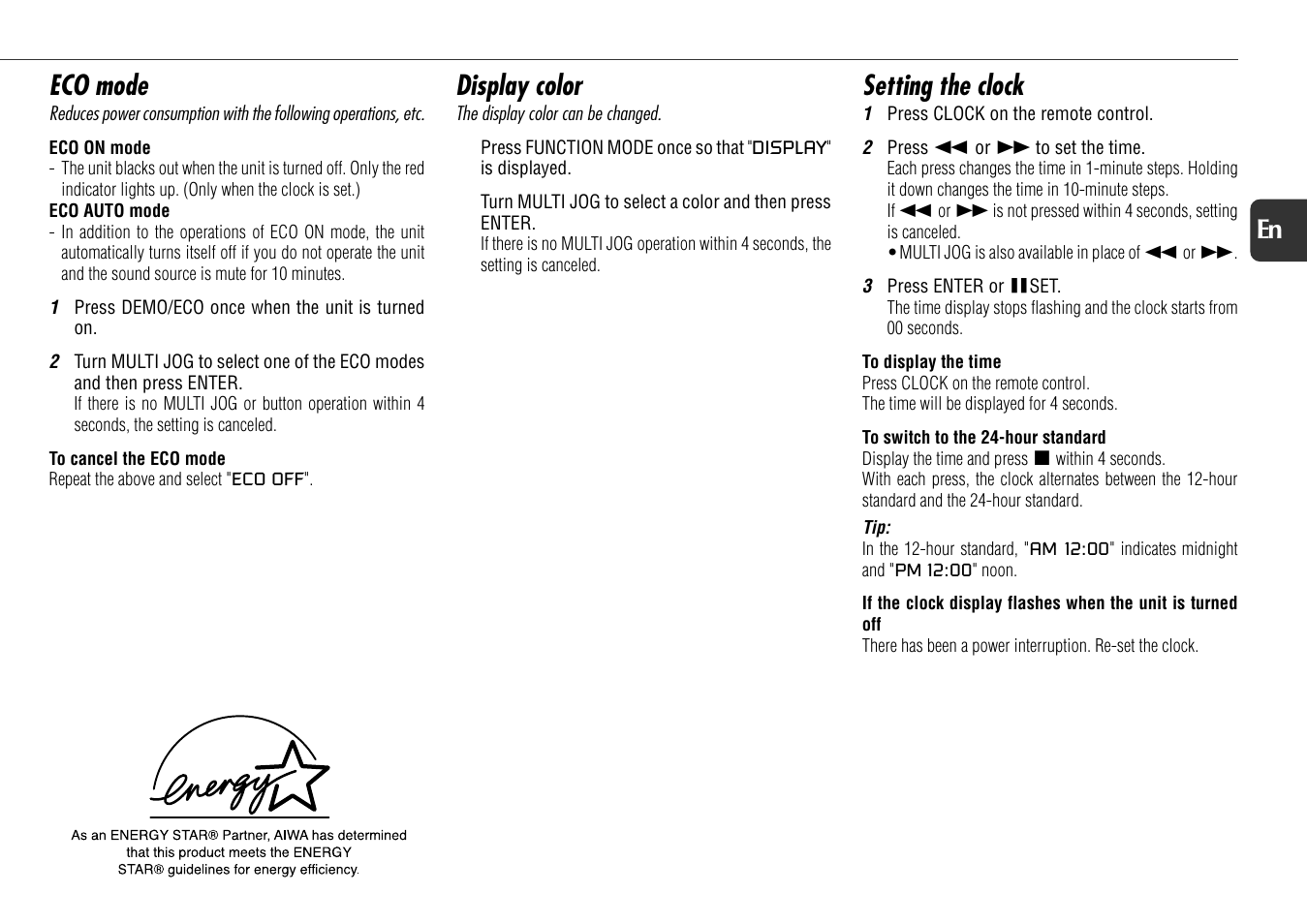 Eco mode, Display color, Setting the clock | 11 en | Aiwa XS-DS70 User Manual | Page 11 / 25