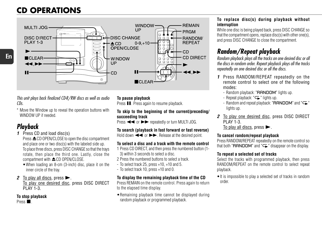 Cd operations, Playback, Random/repeat playback | 12 en | Aiwa XS-DS70 User Manual | Page 12 / 25