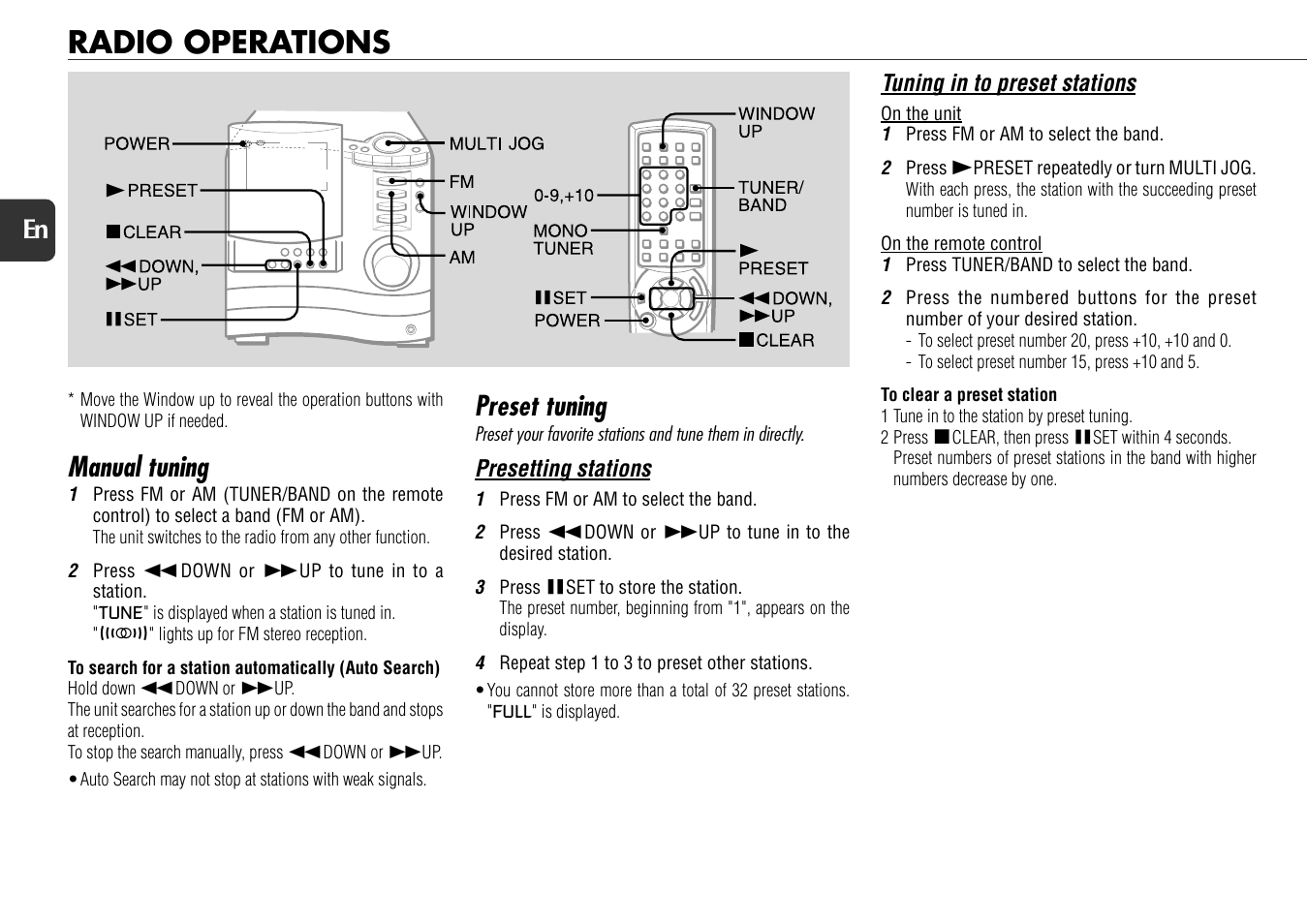 Radio operations, Manual tuning, Preset tuning | 14 en | Aiwa XS-DS70 User Manual | Page 14 / 25