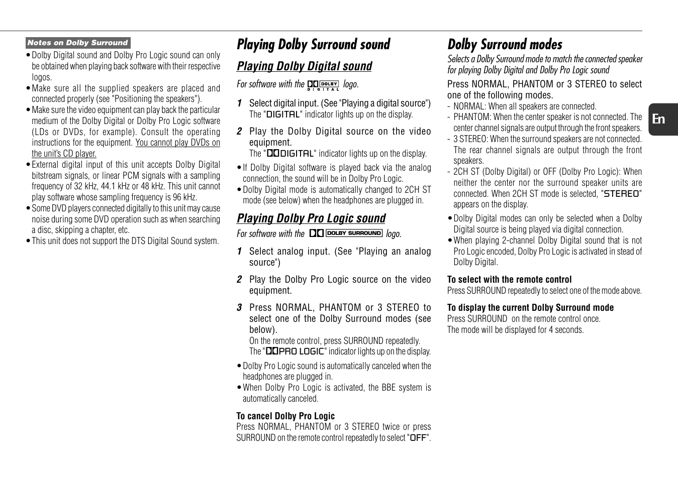 Playing dolby surround sound, Dolby surround modes, 17 en | Aiwa XS-DS70 User Manual | Page 17 / 25