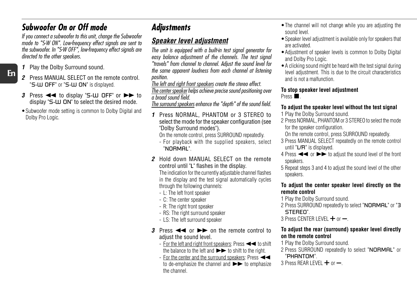 Subwoofer on or off mode, Adjustments, 18 en | Aiwa XS-DS70 User Manual | Page 18 / 25