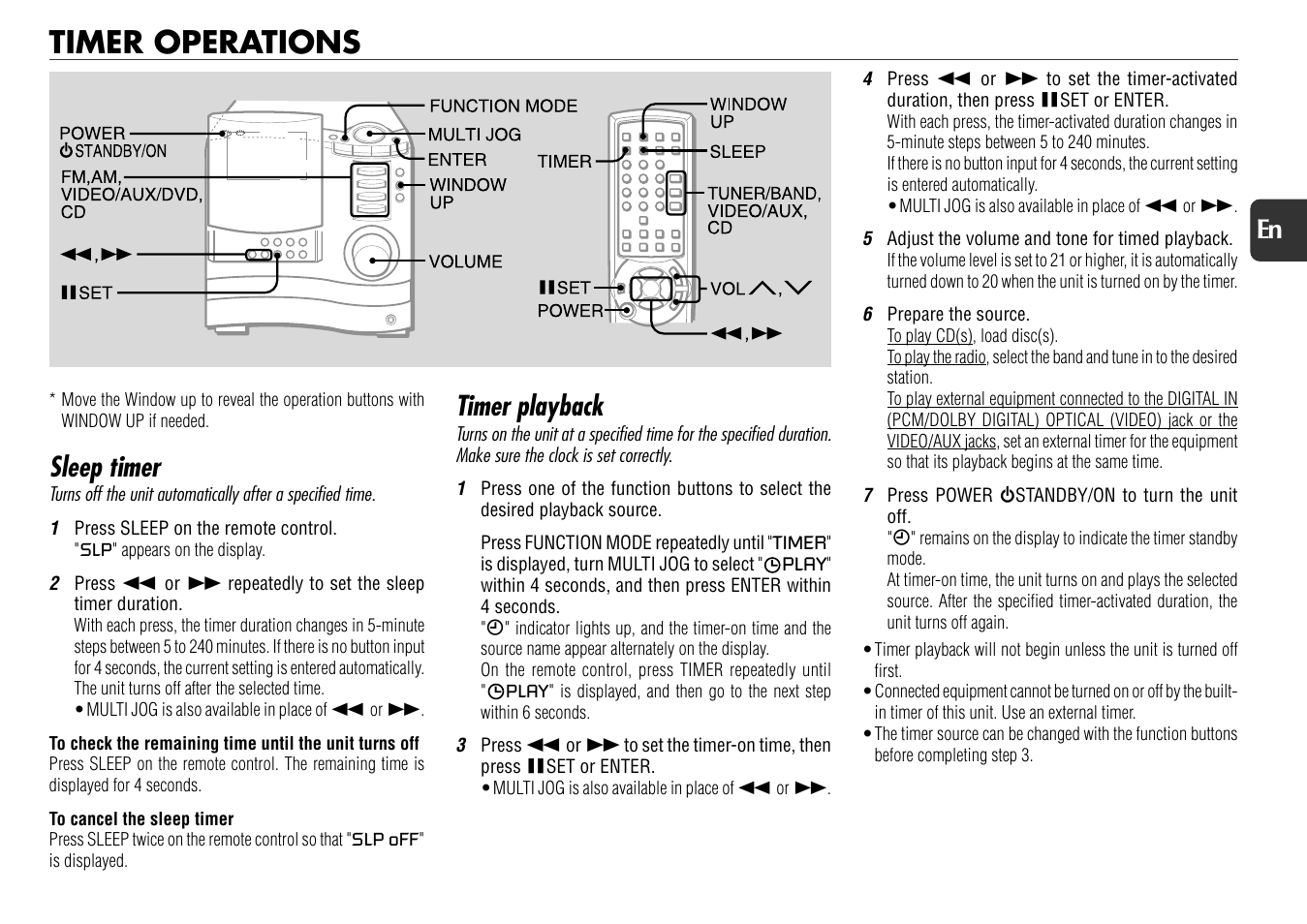 Timer operations, Sleep timer, Timer playback | 21 en | Aiwa XS-DS70 User Manual | Page 21 / 25