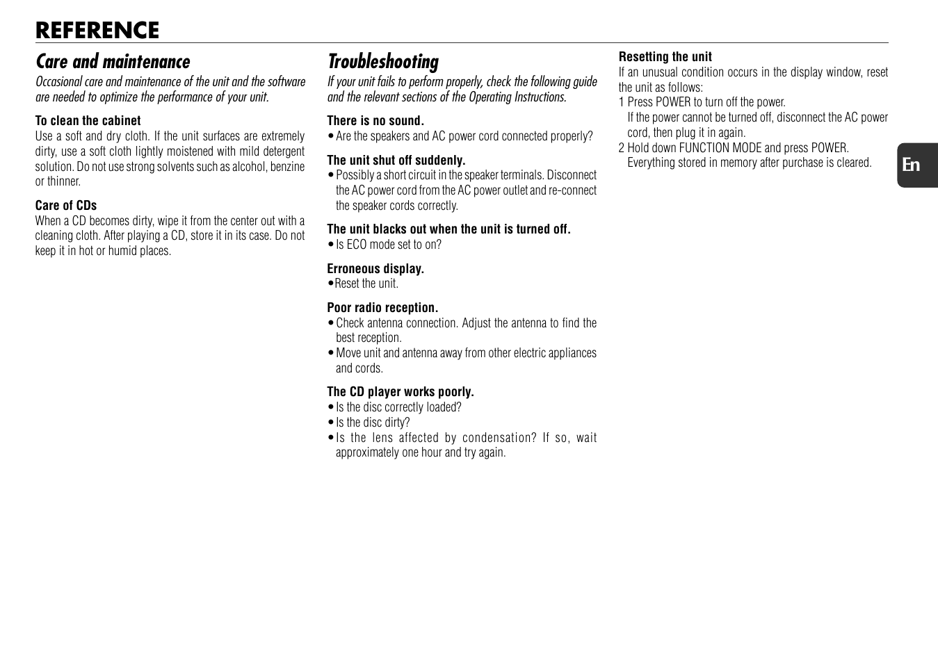 Reference, Care and maintenance, Troubleshooting | 23 en | Aiwa XS-DS70 User Manual | Page 23 / 25