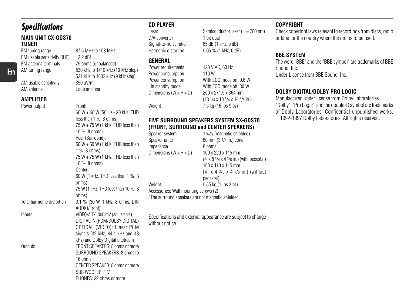 Specifications, 24 en | Aiwa XS-DS70 User Manual | Page 24 / 25