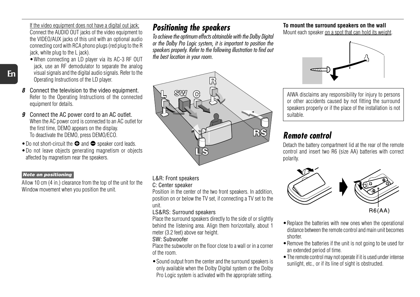 Remote control, Positioning the speakers | Aiwa XS-DS70 User Manual | Page 6 / 25