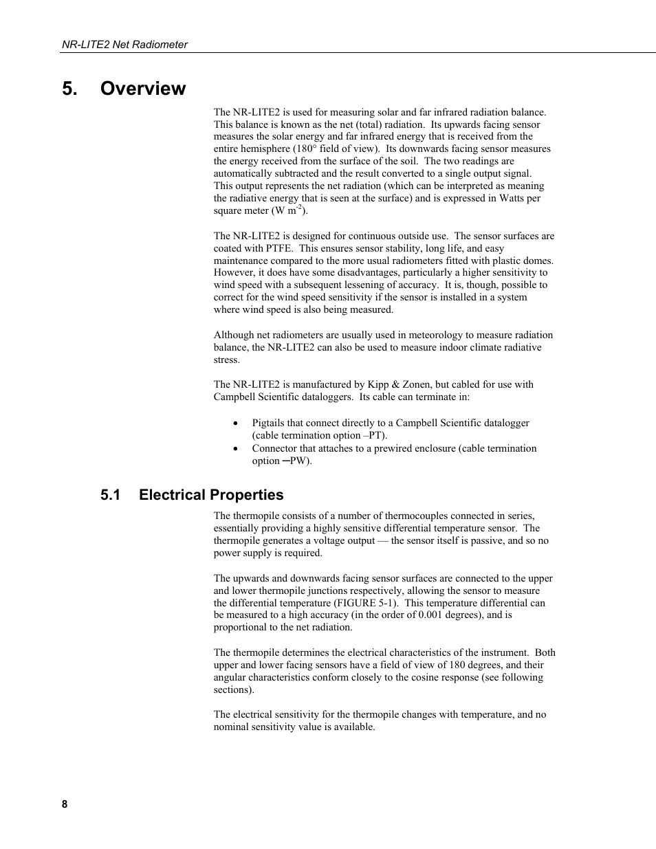 Overview, 1 electrical properties, 1 electrical | Properties | Campbell Scientific NR-LITE2 Net Radiometer User Manual | Page 14 / 30