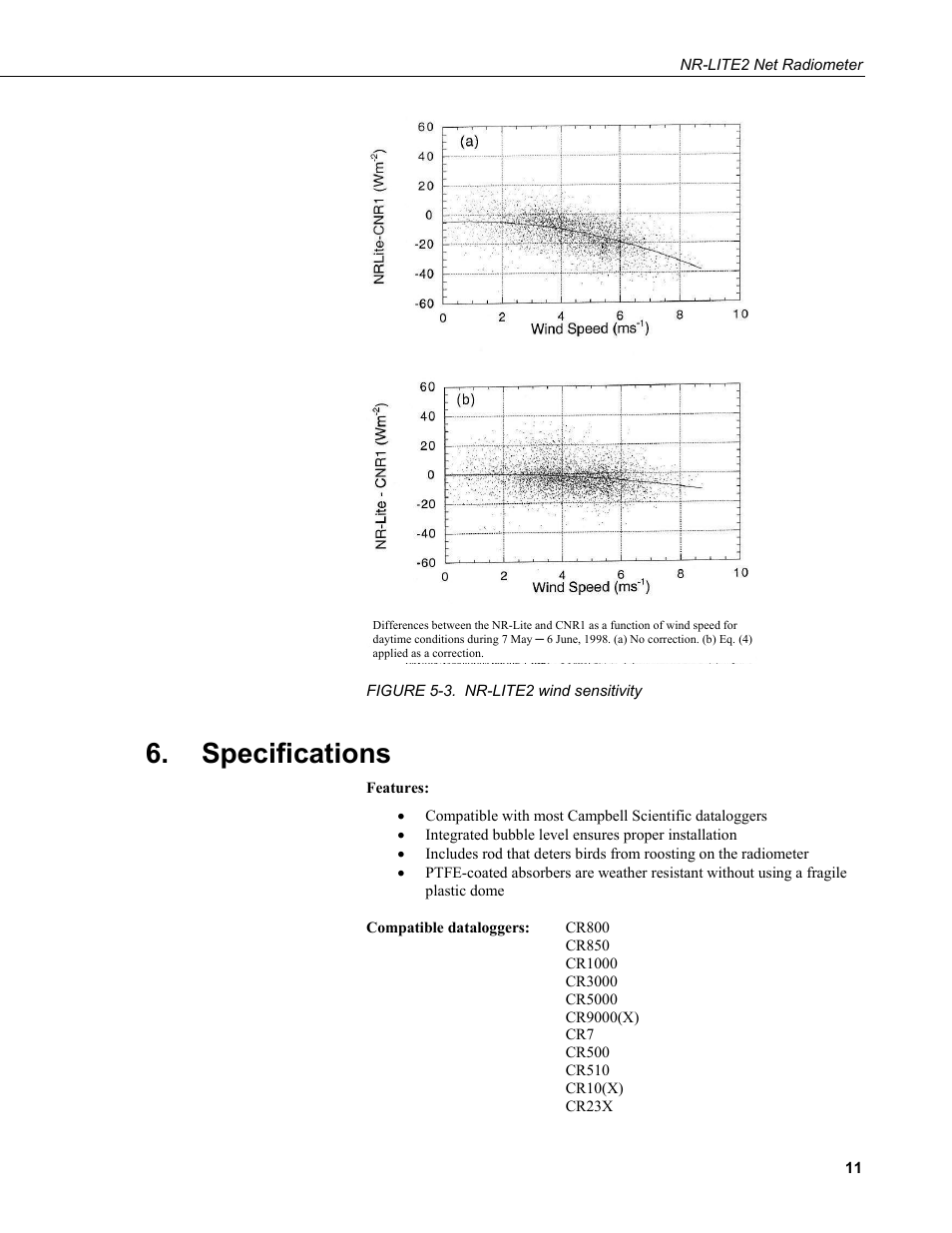 Specifications, 3. nr-lite2, Wind | Sensitivity | Campbell Scientific NR-LITE2 Net Radiometer User Manual | Page 17 / 30