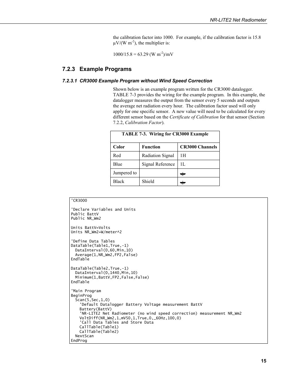 3 example programs, Example programs, Cr3000 example program without wind speed | Correction, 3. wiring for cr3000 example | Campbell Scientific NR-LITE2 Net Radiometer User Manual | Page 21 / 30