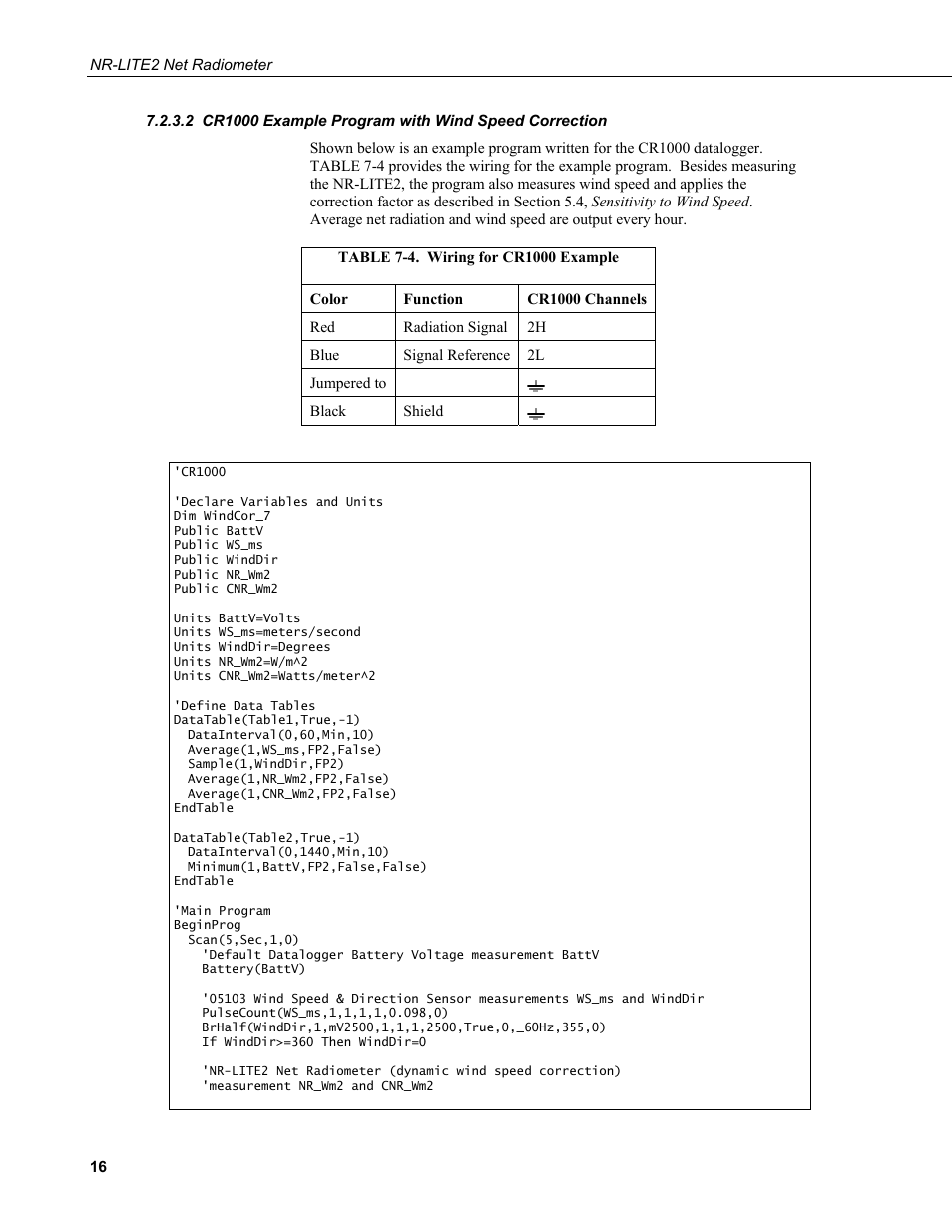 Cr1000 example program with wind speed, Correction, 4. wiring for cr1000 example | Campbell Scientific NR-LITE2 Net Radiometer User Manual | Page 22 / 30