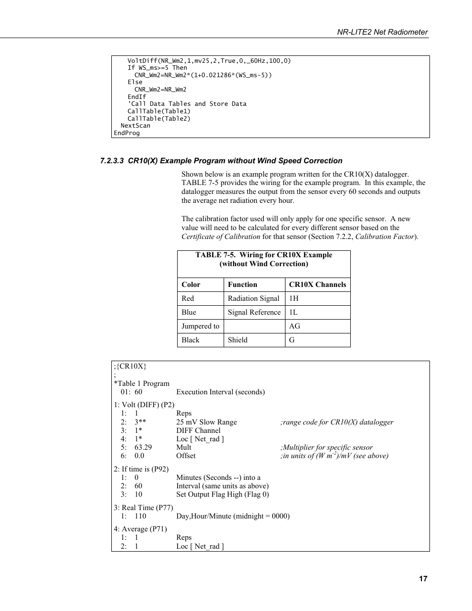 Cr10(x) example program without wind speed, Correction | Campbell Scientific NR-LITE2 Net Radiometer User Manual | Page 23 / 30