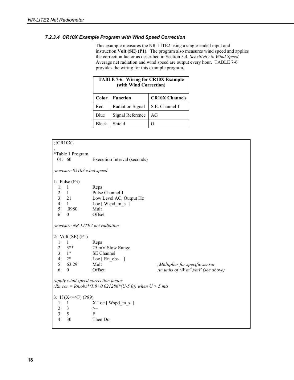 4 cr10x example program with wind speed correction, Cr10x example program with wind speed, Correction | 6. wiring for cr10x example (with wind correction) | Campbell Scientific NR-LITE2 Net Radiometer User Manual | Page 24 / 30