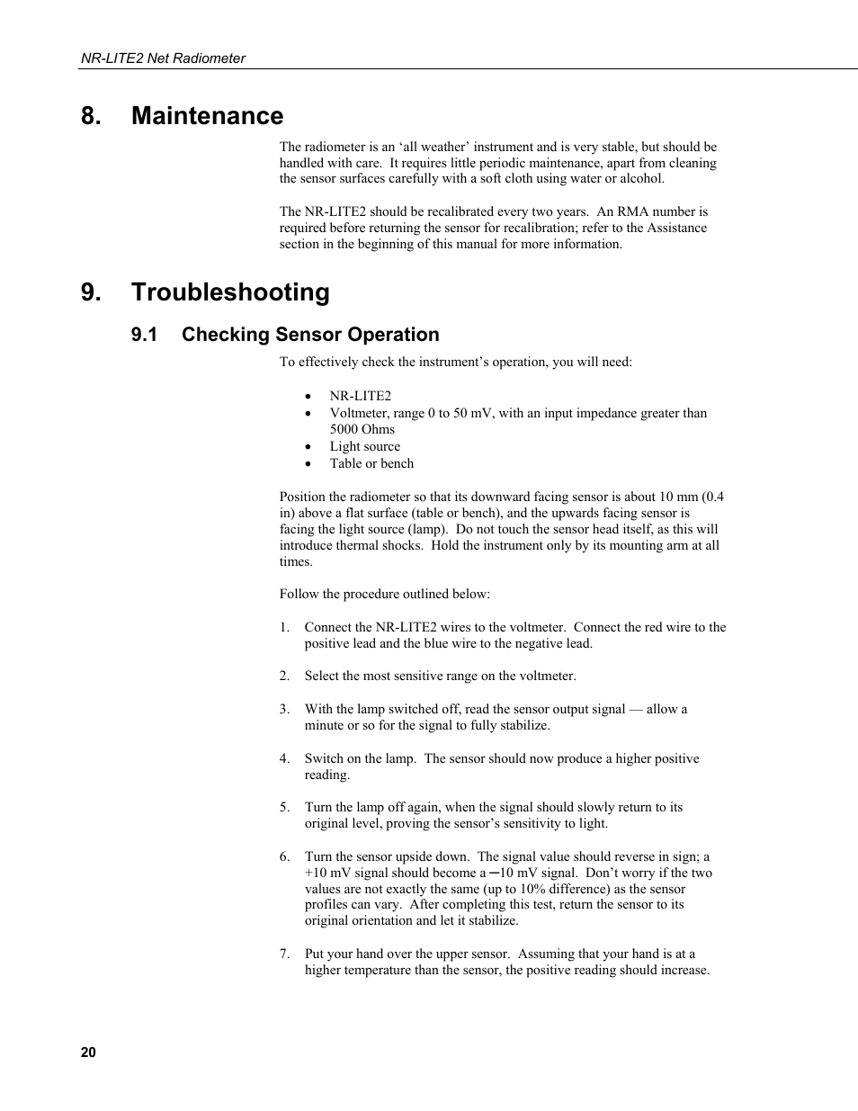 Maintenance, Troubleshooting, 1 checking sensor operation | Checking sensor operation | Campbell Scientific NR-LITE2 Net Radiometer User Manual | Page 26 / 30
