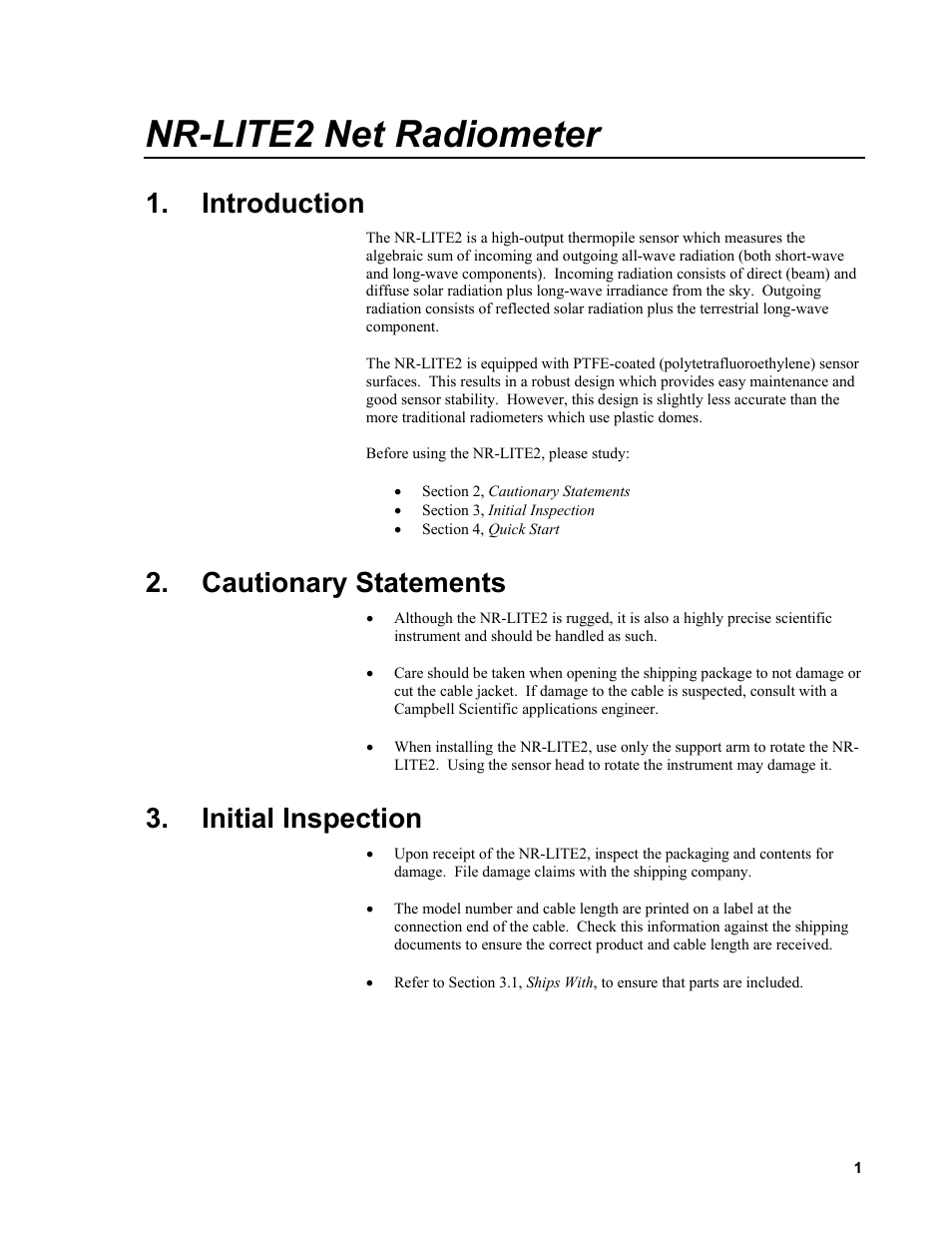 Introduction, Cautionary statements, Initial inspection | Nr-lite2 net radiometer | Campbell Scientific NR-LITE2 Net Radiometer User Manual | Page 7 / 30