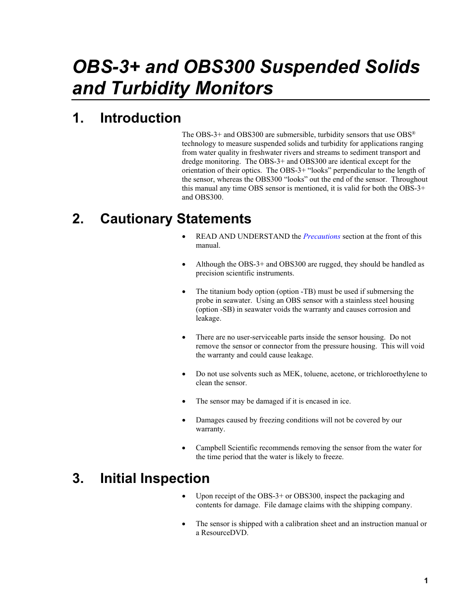 Introduction, Cautionary statements, Initial inspection | Campbell Scientific OBS-3+ and OBS300 Suspended Solids and Turbidity Monitors User Manual | Page 11 / 54