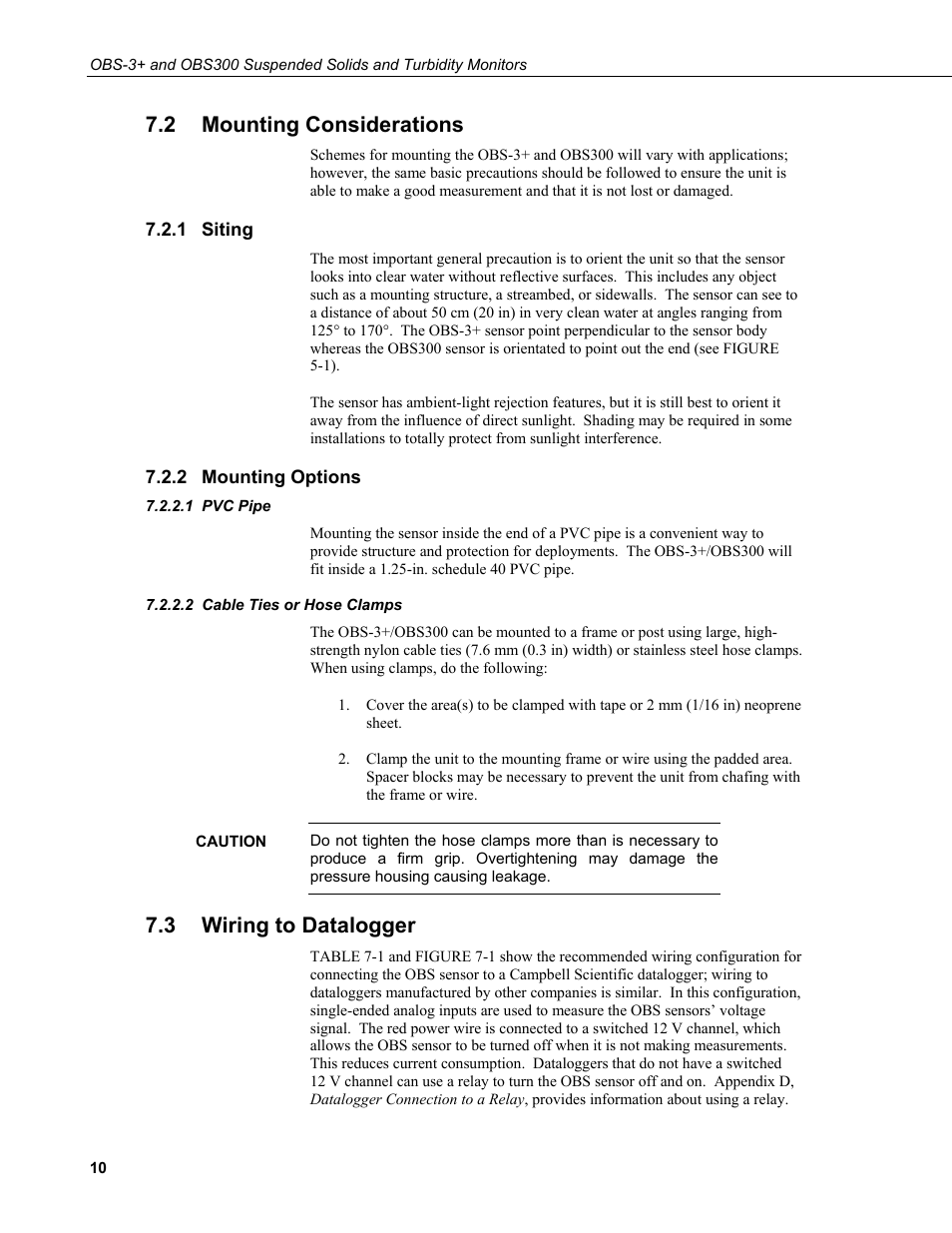 2 mounting considerations, 1 siting, 2 mounting options | 1 pvc pipe, 2 cable ties or hose clamps, 3 wiring to datalogger, Mounting considerations, Siting, Mounting options, Pvc pipe | Campbell Scientific OBS-3+ and OBS300 Suspended Solids and Turbidity Monitors User Manual | Page 20 / 54