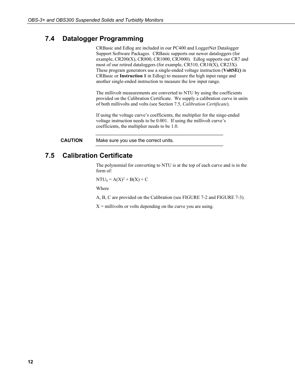 4 datalogger programming, 5 calibration certificate, Datalogger programming | Calibration certificate, On 7.4 | Campbell Scientific OBS-3+ and OBS300 Suspended Solids and Turbidity Monitors User Manual | Page 22 / 54