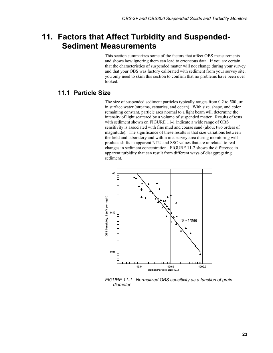 1 particle size, Factors that affect turbidity and suspended, Sediment measurements | Particle size | Campbell Scientific OBS-3+ and OBS300 Suspended Solids and Turbidity Monitors User Manual | Page 33 / 54