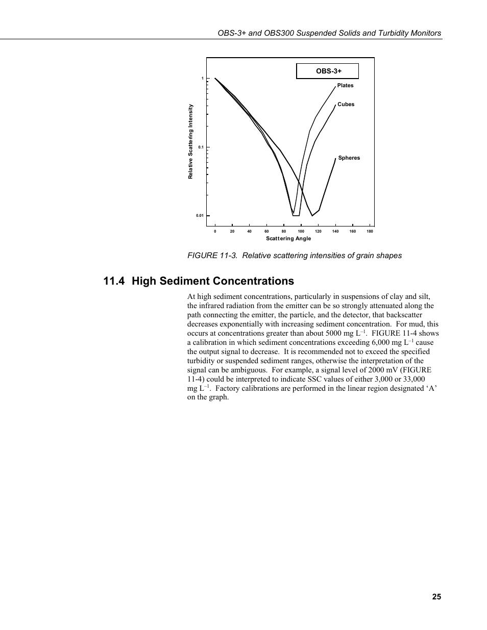 4 high sediment concentrations, High sediment concentrations, 3. relative scattering intensities of grain shapes | Campbell Scientific OBS-3+ and OBS300 Suspended Solids and Turbidity Monitors User Manual | Page 35 / 54