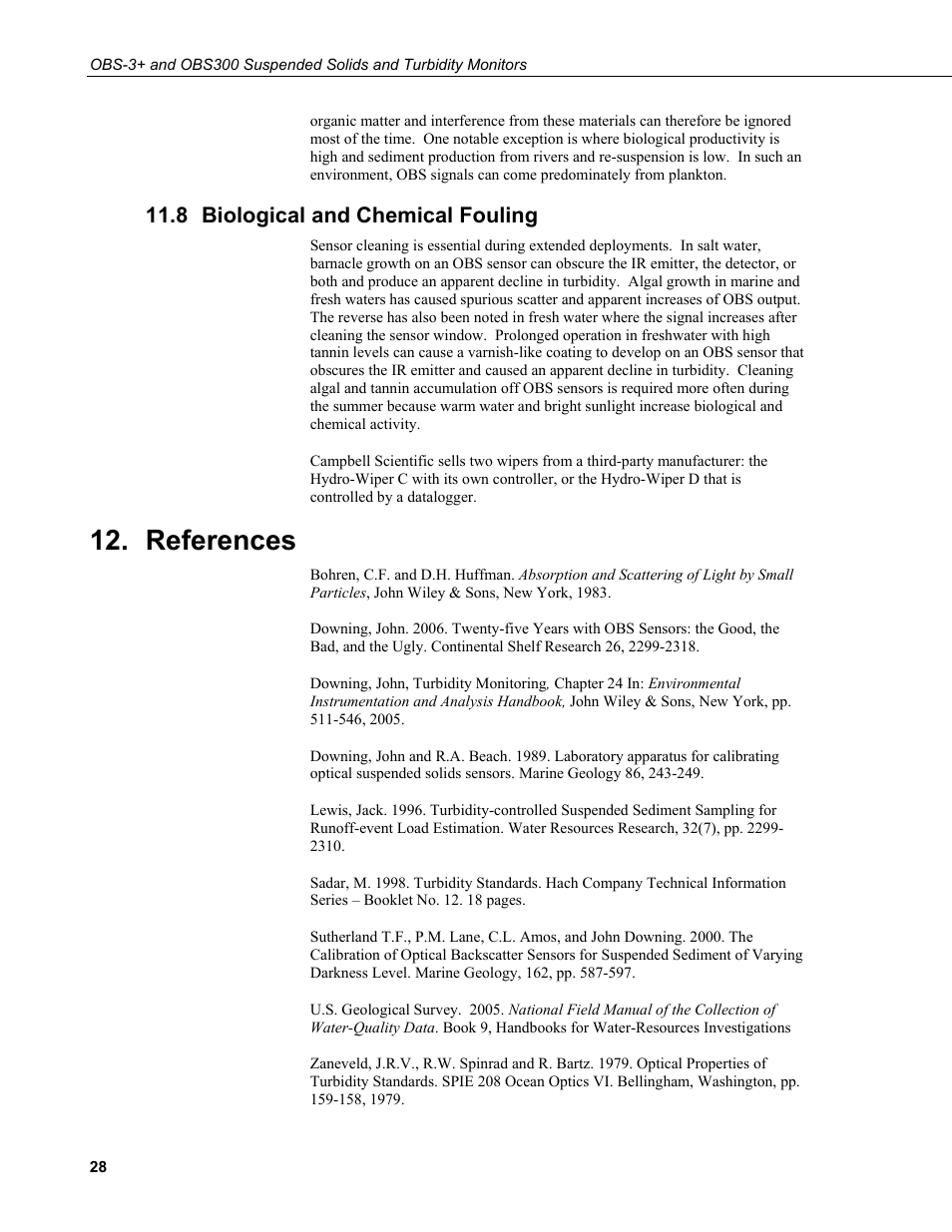 8 biological and chemical fouling, References, Biological and chemical fouling | Campbell Scientific OBS-3+ and OBS300 Suspended Solids and Turbidity Monitors User Manual | Page 38 / 54