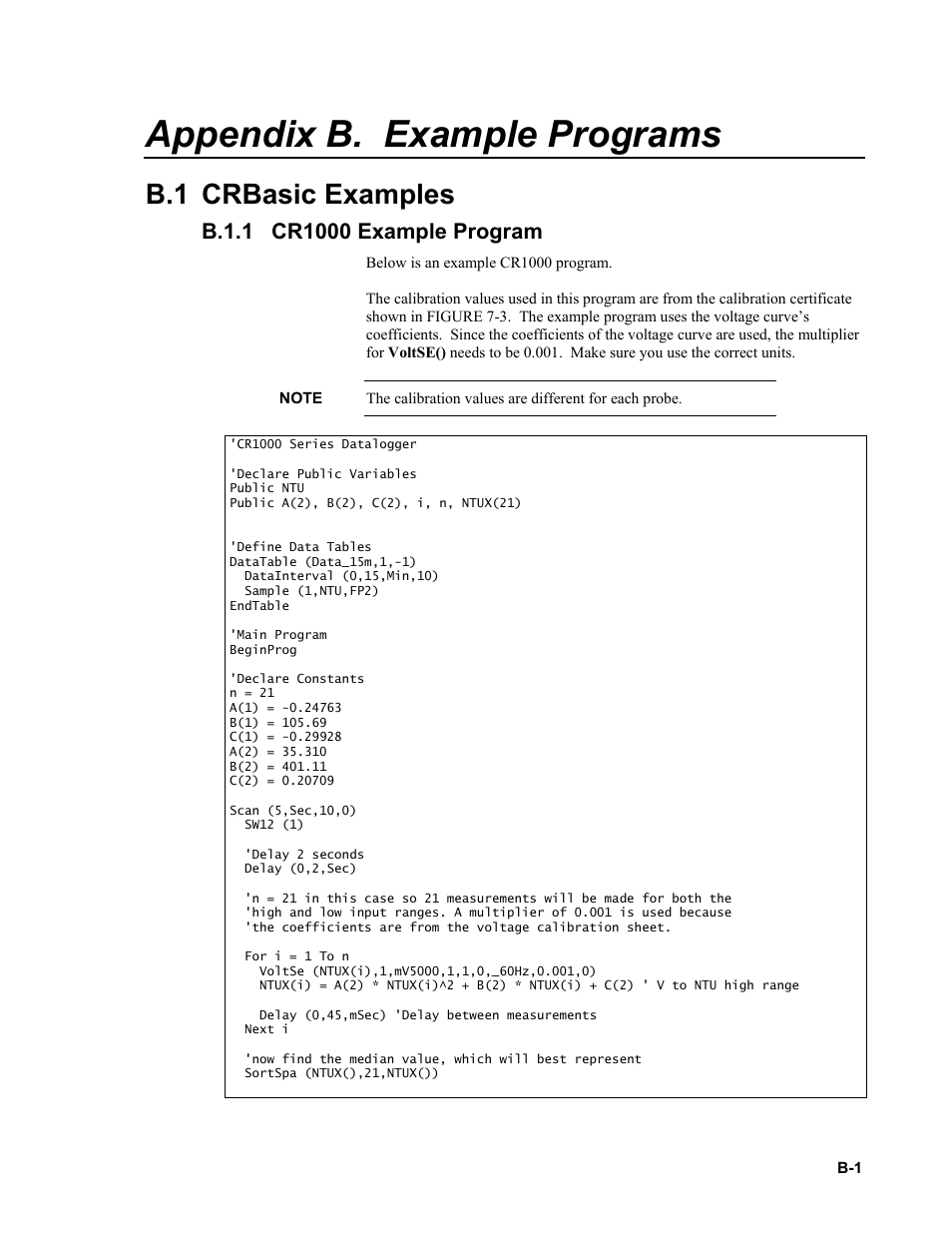 Appendix b. example programs, B.1 crbasic examples, B.1.1 cr1000 example program | B.1.1 | Campbell Scientific OBS-3+ and OBS300 Suspended Solids and Turbidity Monitors User Manual | Page 43 / 54