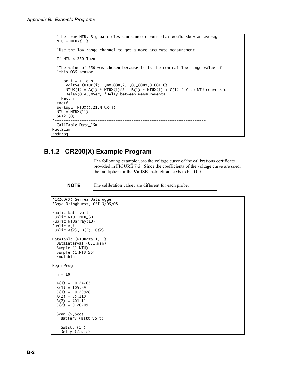 B.1.2 cr200(x) example program, B.1.2 | Campbell Scientific OBS-3+ and OBS300 Suspended Solids and Turbidity Monitors User Manual | Page 44 / 54