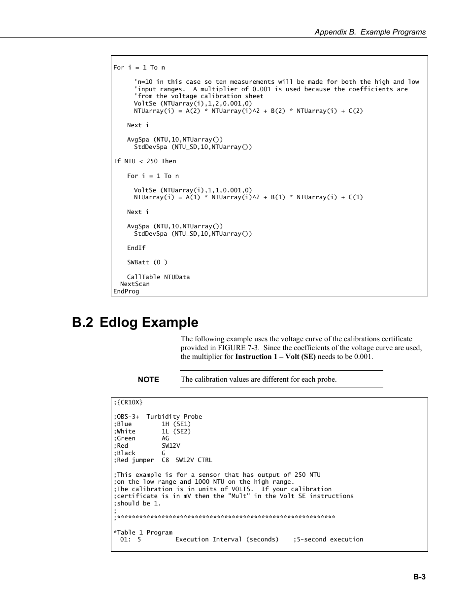B.2 edlog example | Campbell Scientific OBS-3+ and OBS300 Suspended Solids and Turbidity Monitors User Manual | Page 45 / 54