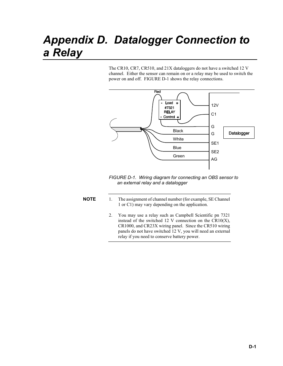 Appendix d. datalogger connection to a relay | Campbell Scientific OBS-3+ and OBS300 Suspended Solids and Turbidity Monitors User Manual | Page 51 / 54